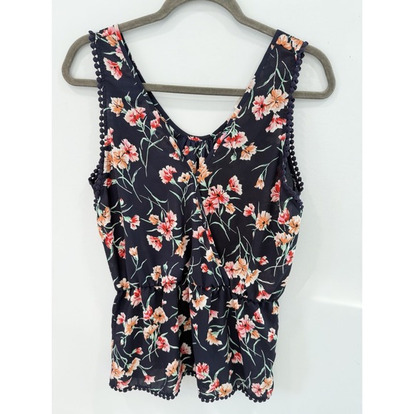 Sienna Sky Tops - Sienna Sky Navy Floral Top Small V Neck Pom Pom Trim Sleeveless Boho